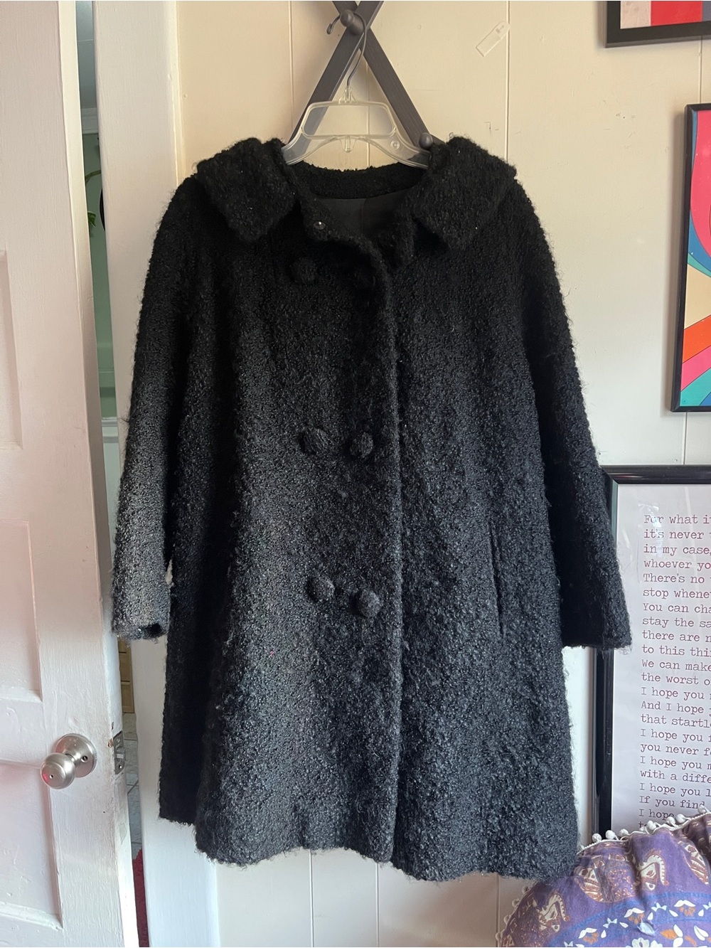 1950s/1960s Vintage Black Bouclé Double-Breasted Coat - Women